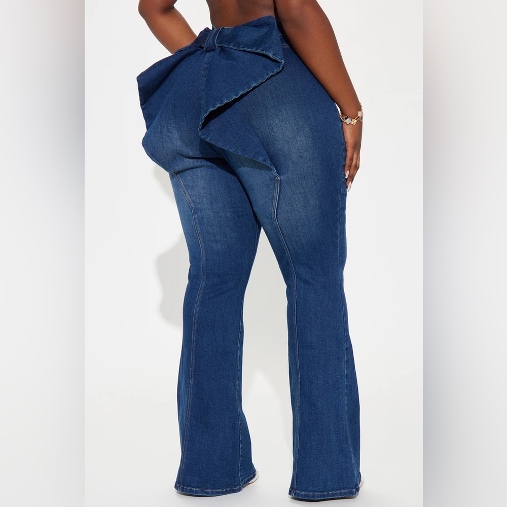 High-Rise Dark Blue Flare Jeans with Back Bow Detail